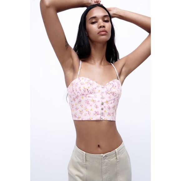 NWOT Zara Linen Blend Floral Printed Crop Top in Mauve, Size Small - Picture 7 of 16